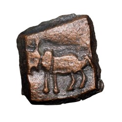 Copper Coin of Maharathis of Andhra(2nd Cen. BC) with Bull standing facing left/Nandipad-Tree Railing-Wheel Rare