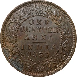 Alternative view of Bronze 1/4 Anna of George V (AD1935) of Calcutta Mint UNC Grade