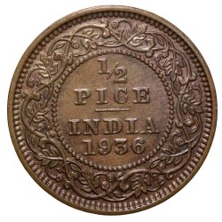 Alternative view of Bronze 1/2 Pice of George V (AD1936) of Calcutta Mint About UNC Grade