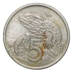 Nickel 5 Cents of Elizabeth II (AD 1975) from New Zealand with Tuatara Lizard