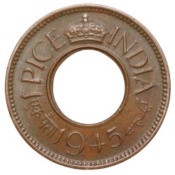 Bronze 1 Pice of George VI (AD 1945) of Calcutta Mint Flat Crown Type
