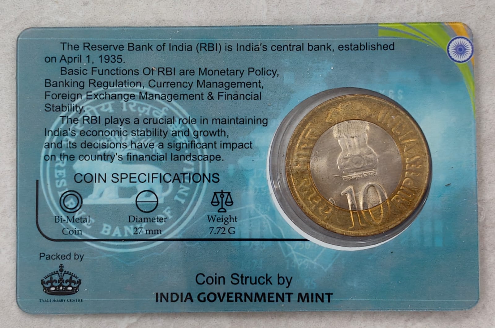 10 Rs RESERVE BANK OF INDIA PLATINUM JUBILEE rare Commemorative Coin Card Special Edition - Image 2