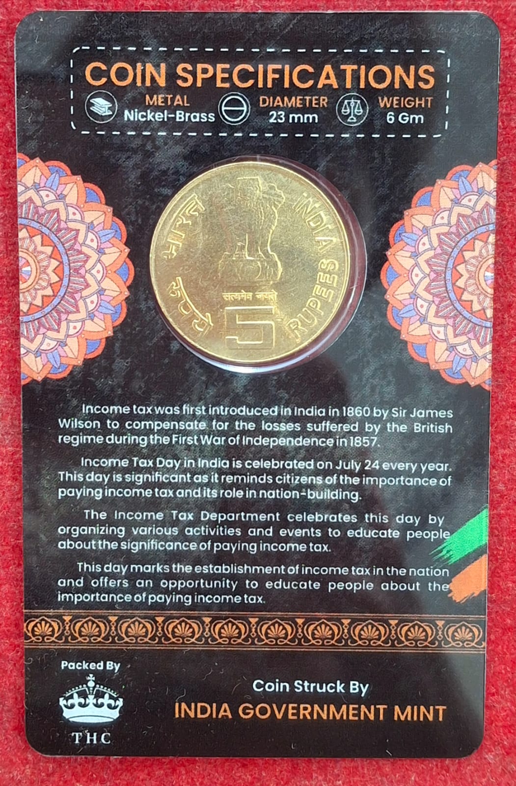 5 Rs. INCOME TAX rare Commemorative Coin Card Special Edition - Image 3