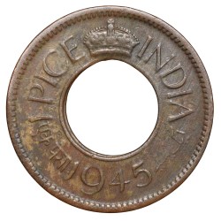 Bronze 1 Pice of George VI (AD 1945) of Calcutta Mint Flat Crown Type