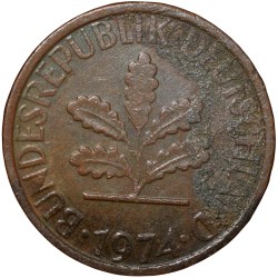 Bronze 1 Pfennig of Germany (AD 1974) with Oak Sapling
