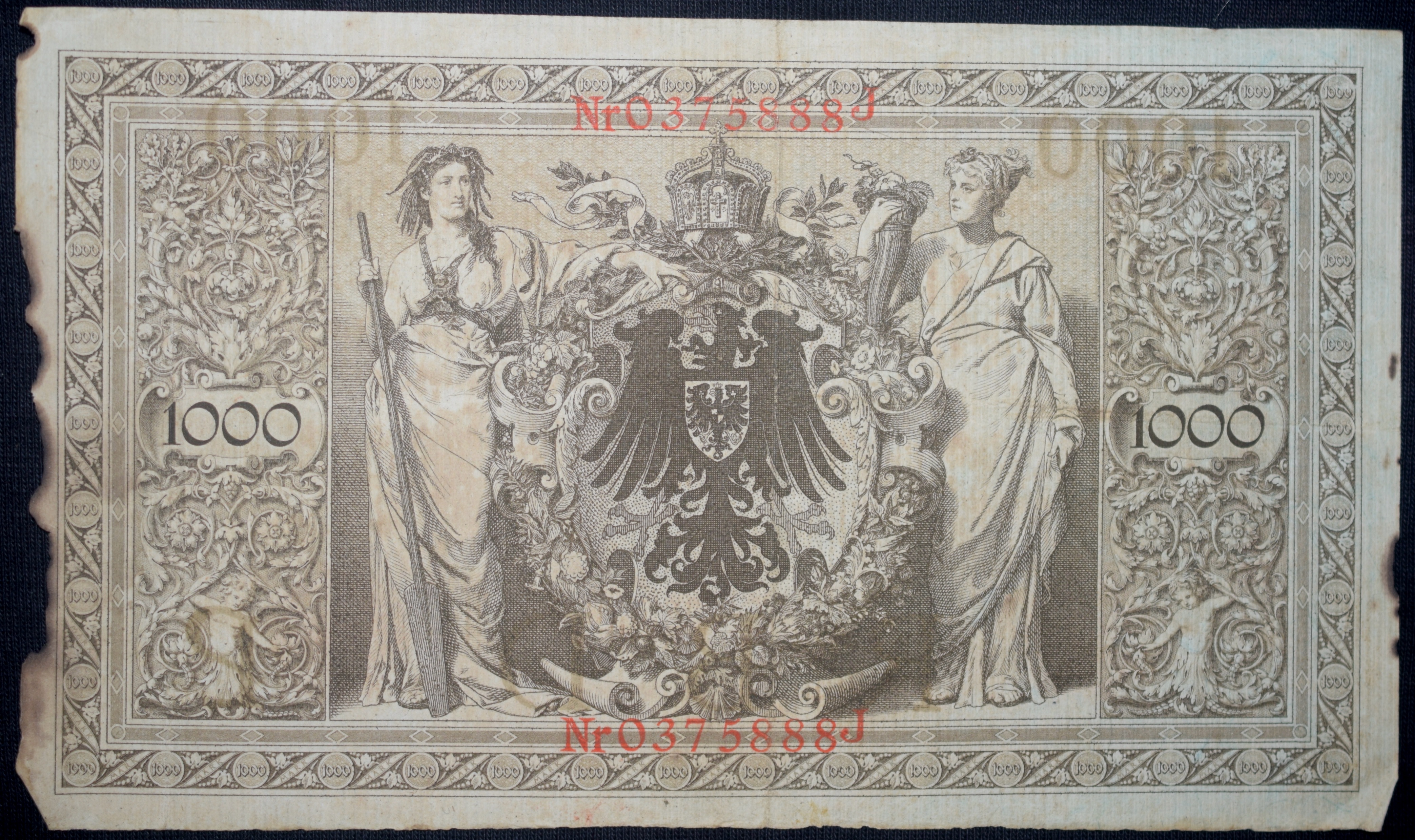 1000 Mark of Germany Country (AD 1910) Burnt Old Currency Note from World War I