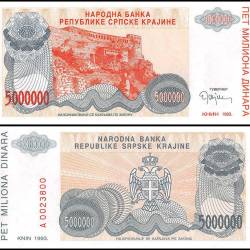 Croatia Serbian Krajina 5 Million Dinara Banknote 1993 PR24 UNC Unique and Rare