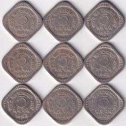 Copper Nickel 5 Paise 1957-1965 Nine Coins Set
