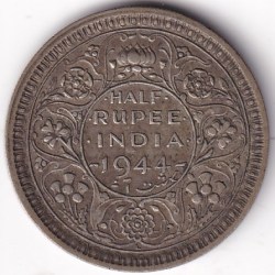 1944 British India Half Rupee George VI Lahore Mint Silver Coin