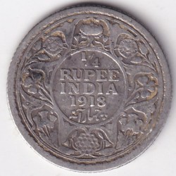 1918 British India Quarter Rupee George V Silver Coin