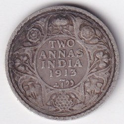 Two Annas 1913 George V King Silver Coin Ex Rare