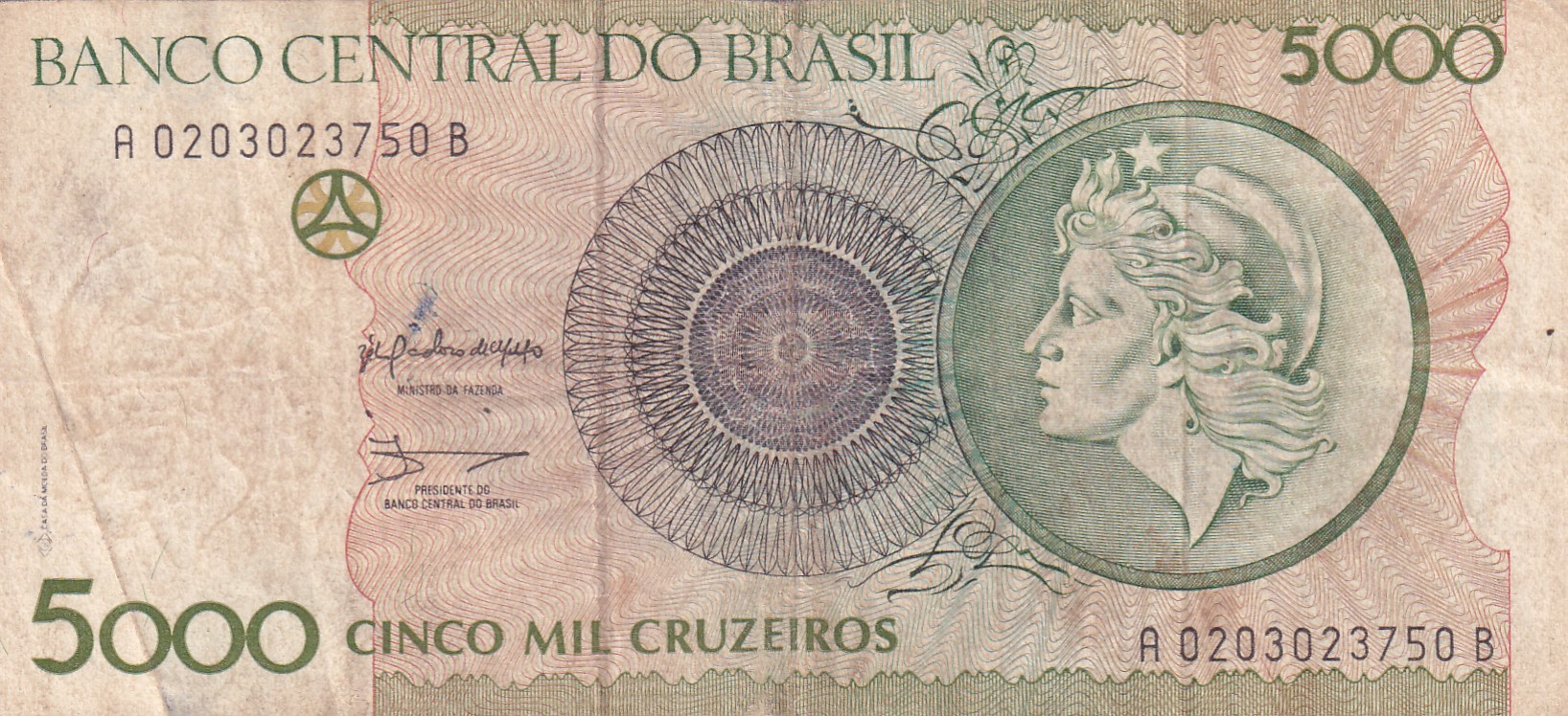 Brazil 5000 Cruzeiros 3rd edition; Provisional issue RARE NOTE