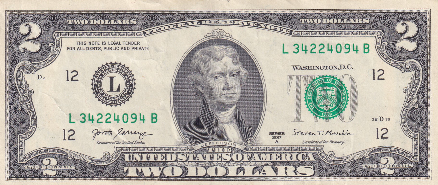 United States 2 Dollars Federal Reserve RARE NOTE