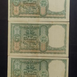Alternative view of Reserve Bank of India 5 rupees note Six 🦌 🦌 🦌 deer. Signature of hvr Iyengar Excellent Condition as image. 3 piece given Same and similar piece available