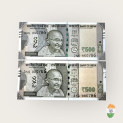 Rs 500 India Banknote Holy Twin Set Gem Unc Very Unique Bank Note Set Solid Holy Number 3AG 000786