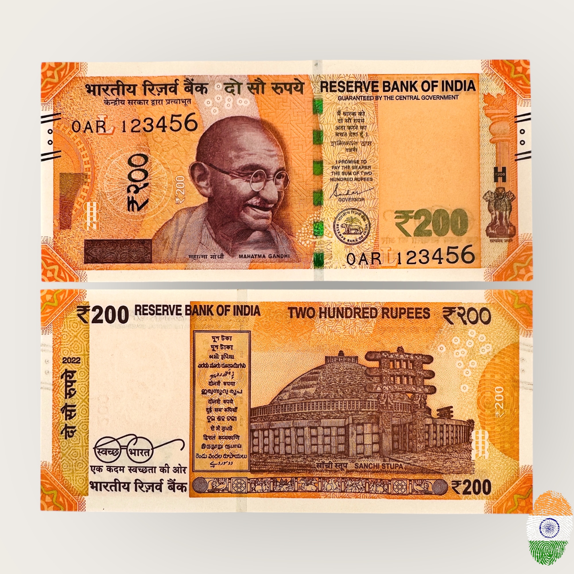 Rs 200 India Banknote Running SUPER Fancy Number 0 Prefix 123456 Gem Unc Unique and Rare