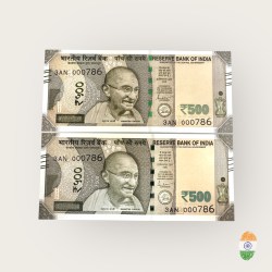 Rs 500 India Banknote Holy Twin Set Gem Unc Very Unique Bank Note Set Solid Holy Number 3AN 000786