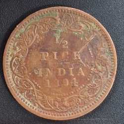 India - British ½ Pice 1894 - Victoria Rare Coin # L-718