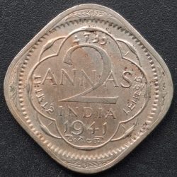 1941 India - British 2 Annas - George VI rare coin Lowest Price #A-180