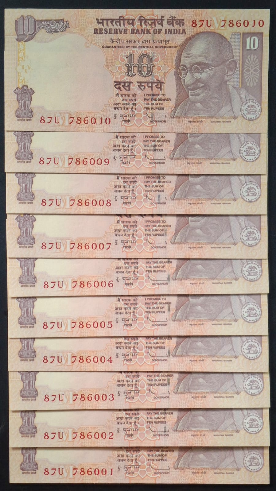 786001-786010 ( 10 PCS SET) 10 RUPEES GOVERNOR D.SUBBARAO GEM UNC SAME PREFIX RARE ( 10 NOTE SET) - Image 2