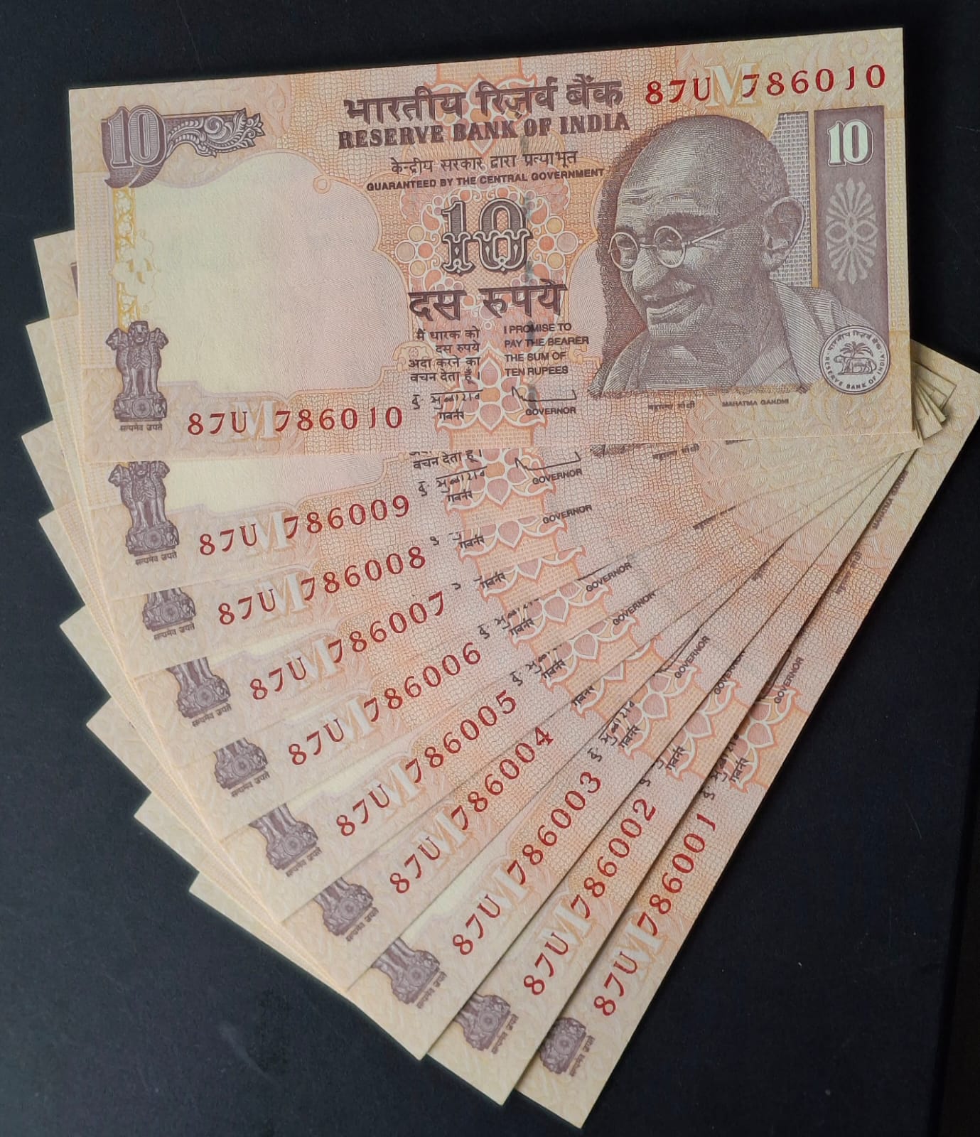 786001-786010 ( 10 PCS SET) 10 RUPEES GOVERNOR D.SUBBARAO GEM UNC SAME PREFIX RARE ( 10 NOTE SET)