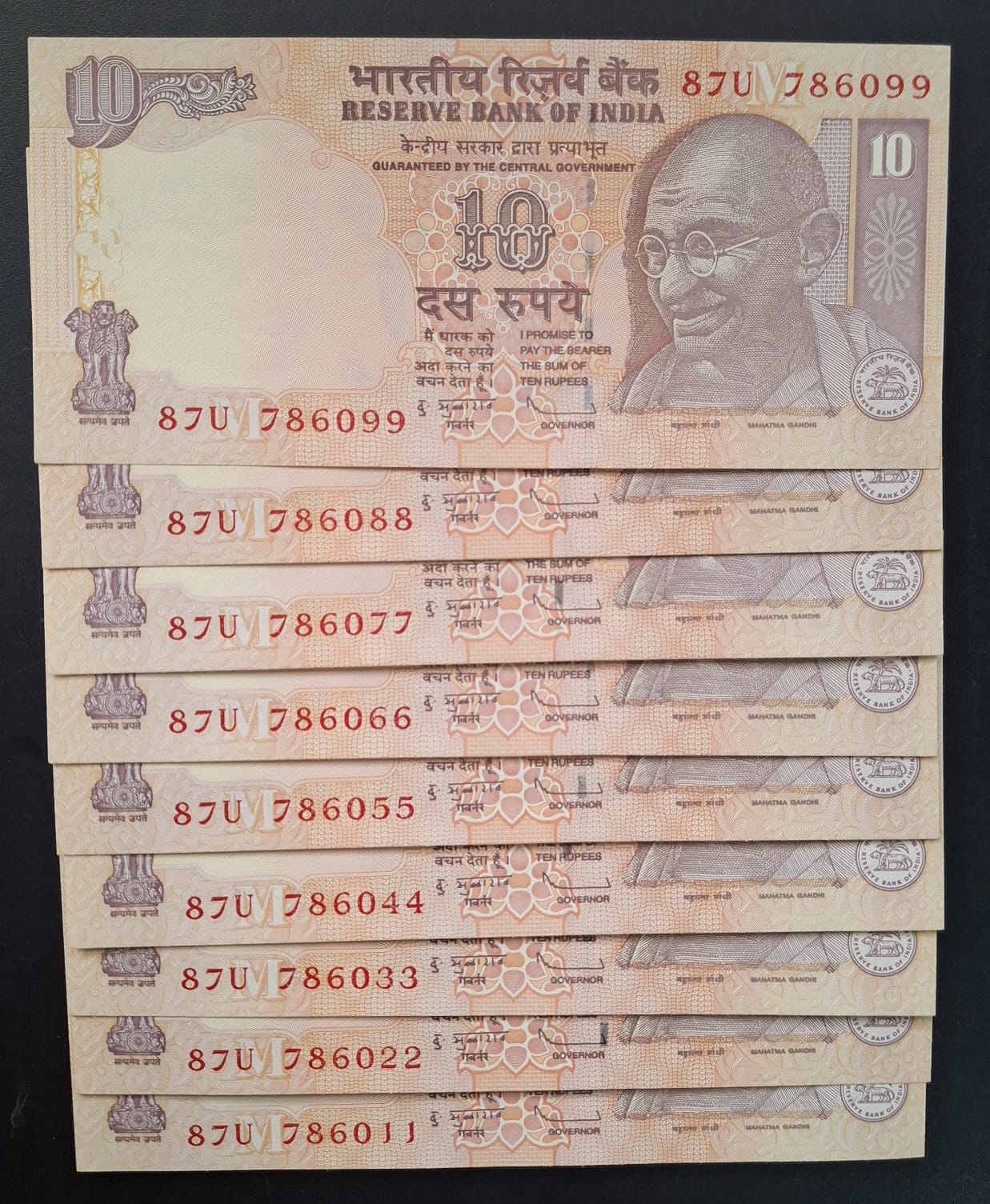 786011 - 786099 ( 9 PCS SET) 10 RUPEES GOVERNOR D.SUBBARAO GEM UNC SAME PREFIX RARE ( 9 NOTE SET) - Image 2