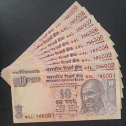 786001 - 786009 ( 9 PCS SET) 10 RUPEES GOVERNOR RAGHU RAM RAJAN GEM UNC SAME PREFIX RARE ( 9 NOTE SET)
