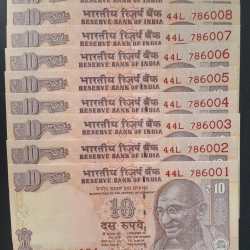 Alternative view of 786001 - 786009 ( 9 PCS SET) 10 RUPEES GOVERNOR RAGHU RAM RAJAN GEM UNC SAME PREFIX RARE ( 9 NOTE SET)