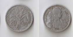 French Indochina, 1945, 20 Cents, Beaumont-le-Roger, France - Mint, KM #29.2, Fine Condition.