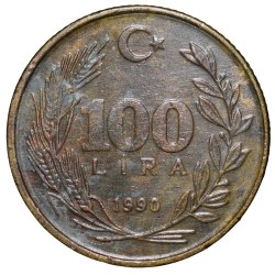 Alternative view of Brass 100 Lira of Turkey (AD 1990) with Head of Atatürk left