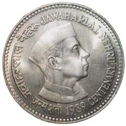 Copper-Nickel 5 Rupees of Republic India (AD 1989) 'Jawaharlal Nehru' Issue Bombay Mint UNC Grade Large Size