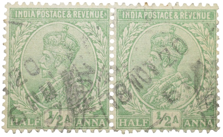 Postal Stamp of George V 1/2 Anna Green Colour - Block of 2 Stamps - Used Condition as per image.