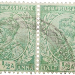 Postal Stamp of George V 1/2 Anna Green Colour - Block of 2 Stamps - Used Condition as per image.