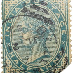 Postal Stamp of Queen Victoria 1/2 Anna Dark Green Colour - Used Condition as per Image.