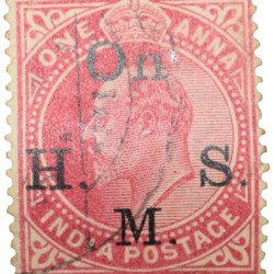 Postal Stamp of Edward VII 1 Anna Pink Clour - Over-Printed in Black 'ON H.M.S.' - Used Condition as per image.