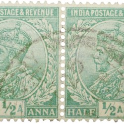 Postal Stamp of George V 1/2 Anna Green Colour - Block of 2 Stamps - Used Condition as per image.