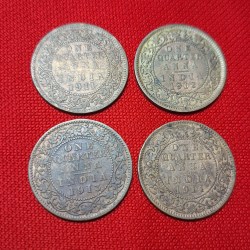 ONE QUARTER ANNA 4 COINS 1911,1912,1913,1914 GEORGE V KING EMPEROR