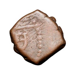 Alternative view of Copper 1/2 Duit of Indo-French (AD 1695) with facing figure of Goddess Kali