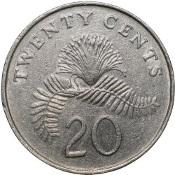 Steel 20 Cents of Singapore (AD 1990) with Powder-puff plant fronds Flower