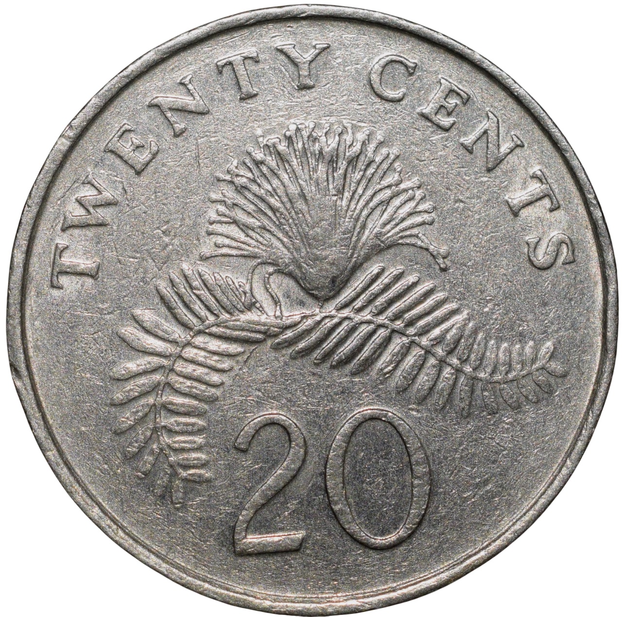 Steel 20 Cents of Singapore (AD 1990) with Powder-puff plant fronds Flower