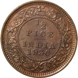 Alternative view of Bronze 1/2 Pice of George V (AD 1936) of Calcutta Mint Extremely Fine