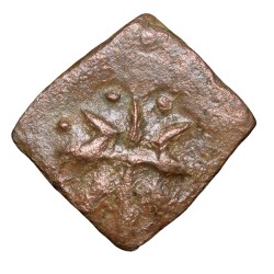 Alternative view of Copper Coin of Pre-Satavahana(2nd Cen. BC) from Vidarbha(Bhon) Region with Swastik-Triangular Headed-Lotus Flower/Tree Railing