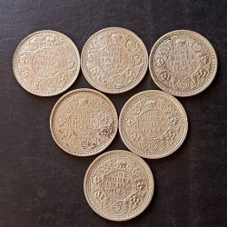 Alternative view of KING👑👑👑GEORGE Vl 6 DIFFERENT years YEARS- 1₹ COMPLETE SET DATES DETAILS:- 1940/41/42/43/44 /45 WEIGHT 11. 6 GM EACH ORIGINAL GAUARANTEE EXCELLENT CONDITION. Same and similar piece available