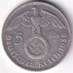 Alternative view of 5 Mark Germany 1936 卐 Stuttgart Mint F Silver Coin Rare