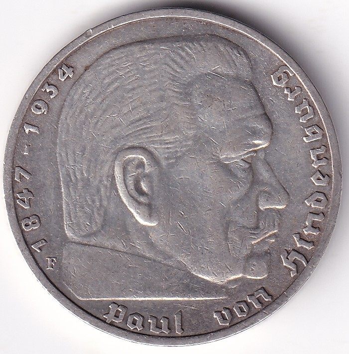 5 Mark Germany 1936 卐 Stuttgart Mint F Silver Coin Rare