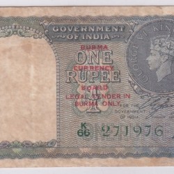 British India Burma Overprint 1 Rupee 1940 CE Jones Signature Very Fine Note #6