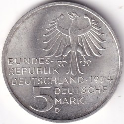 Alternative view of 5 Mark 1974 Immanuel Kant Germany Silver Unc Coin