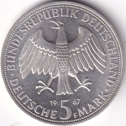 Alternative view of 5 Mark 1967 Wilhelm and Humboldt Germany Silver Unc Coin