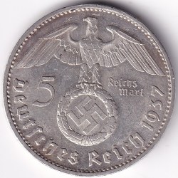 5 Mark Germany 1937 卐 Karlsruhe Mint G Silver Coin Rare