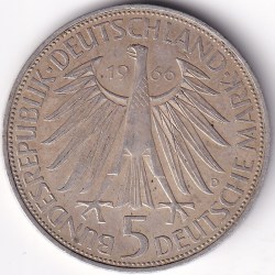Alternative view of 5 Mark 1966 Wilhelm Leibniz Germany Silver Coin